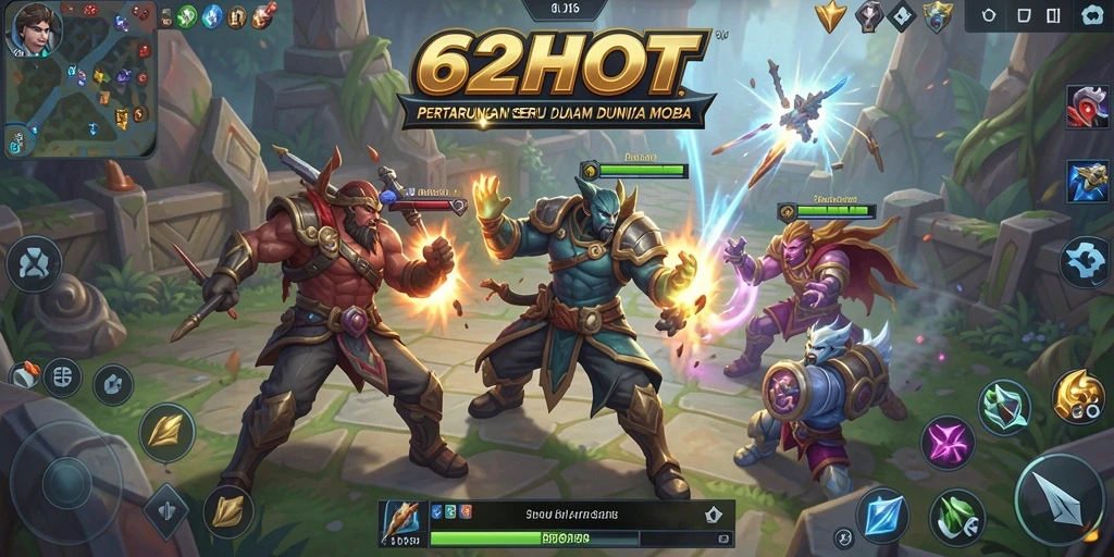Tampilan screenshot 62HOT menampilkan suasana pertarungan MOBA yang intens.