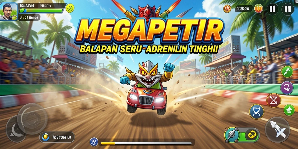 Screenshot gameplay MEGAPETIR dengan mobil balap di lintasan
