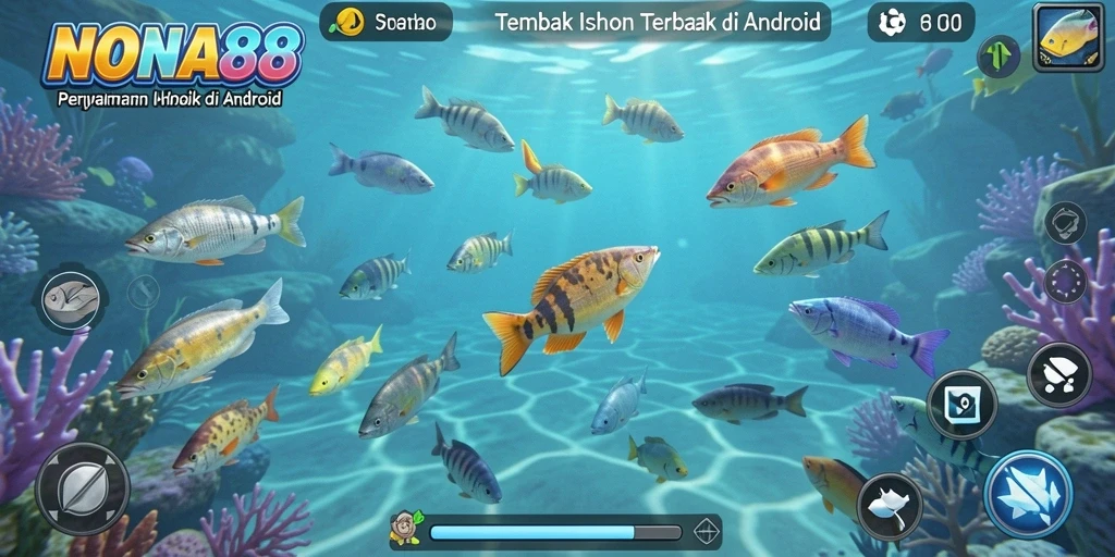 Screenshot tampilan gameplay NONA88 dengan aksi menembak ikan.