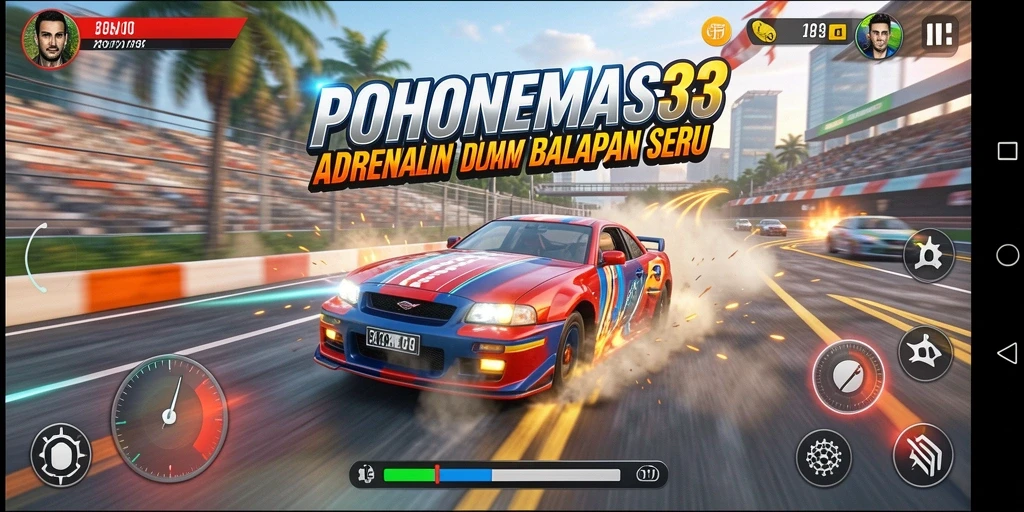 Screenshot gameplay POHONEMAS33 menampilkan aksi balapan yang mendebarkan.