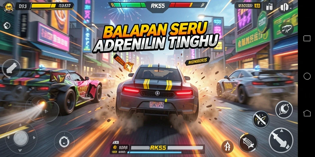 Tampilan gameplay seru di RK55 dengan mobil balap melaju kencang.