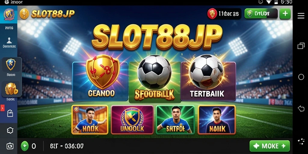 Tampilan utama gameplay SLOT88JP dengan tema sepak bola yang mendebarkan.